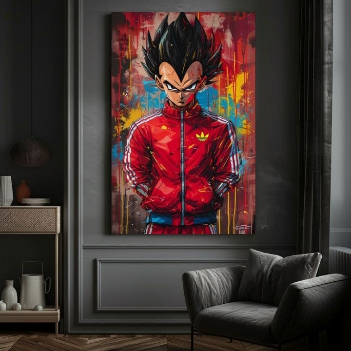 Ръчно рисувана картина на платно с мотив Saiyan: Sila bojovníka в червено-черно нюанси, интензивна атмосфера, поп култура и сила и мощ | Картина Saiyan: Sila bojovníka – продукт, изглед 4