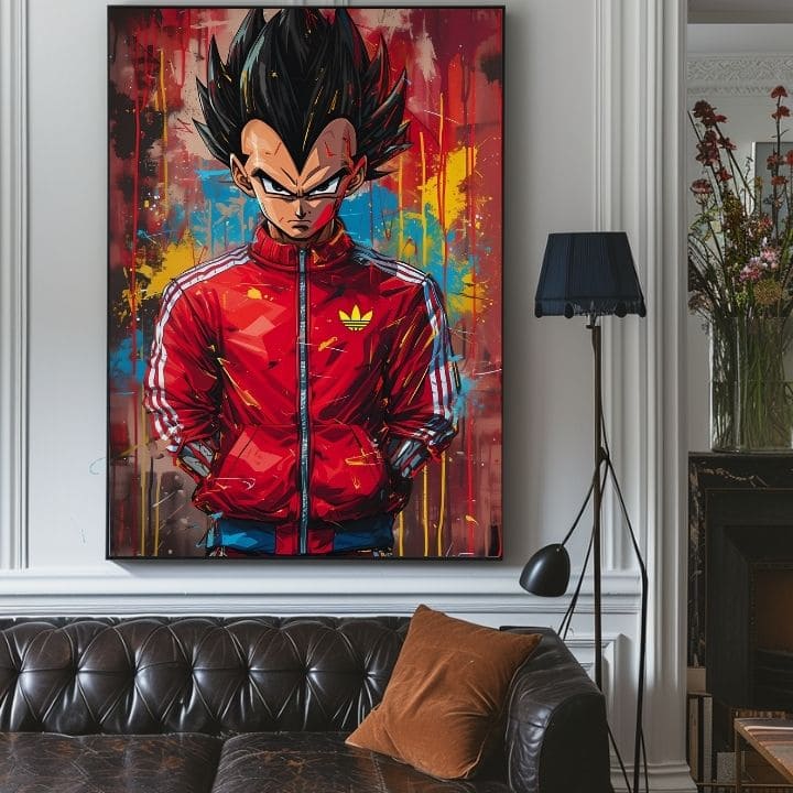 Ръчно рисувана картина на платно с мотив Saiyan: Sila bojovníka в червено-черно нюанси, интензивна атмосфера, поп култура и сила и мощ | Картина Saiyan: Sila bojovníka – продукт, изглед 5