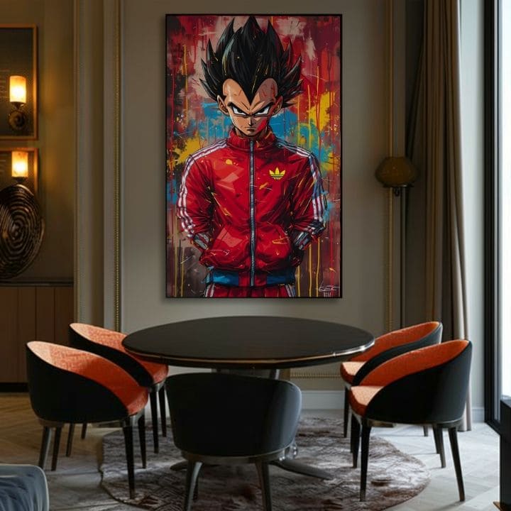 Ръчно рисувана картина на платно с мотив Saiyan: Sila bojovníka в червено-черно нюанси, интензивна атмосфера, поп култура и сила и мощ | Картина Saiyan: Sila bojovníka – продукт