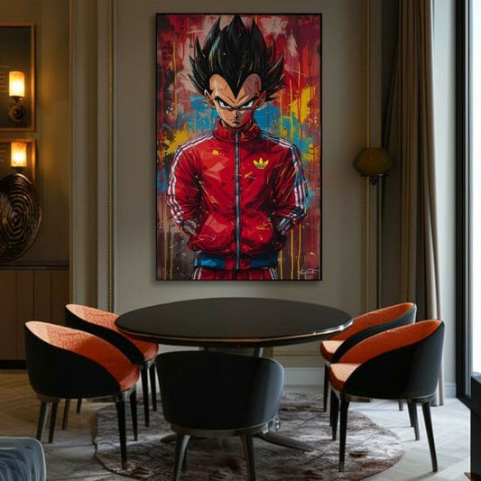 Ръчно рисувана картина на платно с мотив Saiyan: Sila bojovníka в червено-черно нюанси, интензивна атмосфера, поп култура и сила и мощ | Картина Saiyan: Sila bojovníka – продукт
