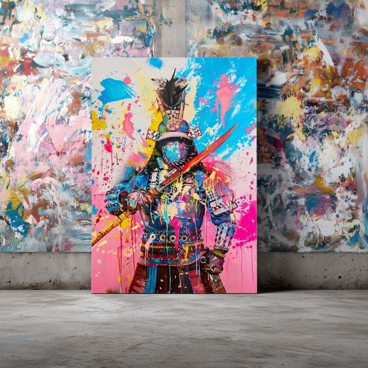 Ръчно рисувана картина на платно с мотив Samurai Spirit na платно в жълто-бяло нюанси, енергична атмосфера, сила | Картина Samurai Spirit na платно – продукт