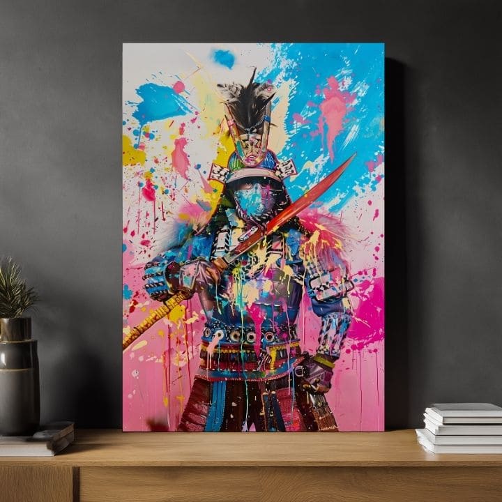 Ръчно рисувана картина на платно с мотив Samurai Spirit na платно в жълто-бяло нюанси, енергична атмосфера, сила | Картина Samurai Spirit na платно – продукт, изглед 2