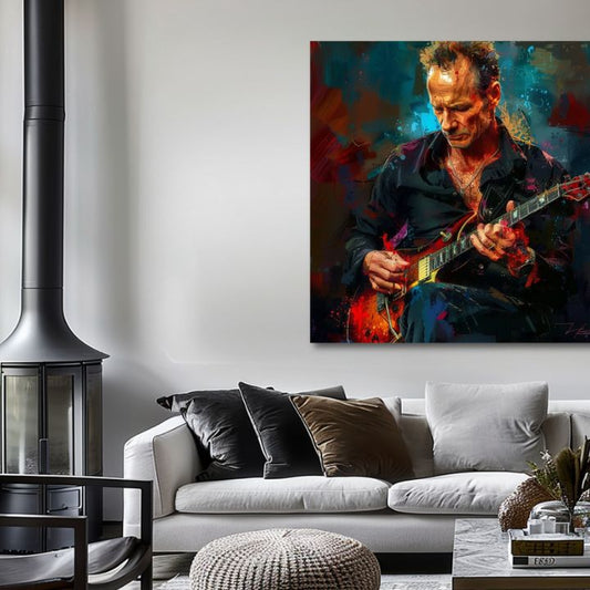 Ръчно рисувана картина на платно с мотив Sting - Крал Grammy в синьо-червено нюанси, интензивна атмосфера, рок енд рол и креативност | Картина Sting - Крал Grammy – продукт