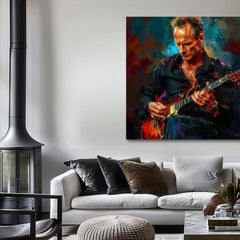 Ръчно рисувана картина на платно с мотив Sting - Крал Grammy в синьо-червено нюанси, интензивна атмосфера, рок енд рол и креативност | Картина Sting - Крал Grammy – продукт