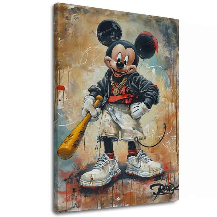 Ръчно рисувана картина на платно с мотив Street Mickey na платно в бежово-черно нюанси, градска атмосфера, поп култура и носталгия | Картина Street Mickey na платно – основна
