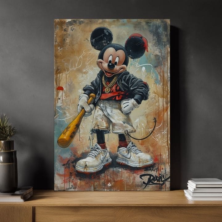 Ръчно рисувана картина на платно с мотив Street Mickey na платно в черно-бяло нюанси, дръзка атмосфера, поп култура и градски живот | Картина Street Mickey na платно – продукт, изглед 2