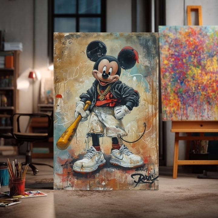 Ръчно рисувана картина на платно с мотив Street Mickey na платно в черно-бяло нюанси, дръзка атмосфера, поп култура и градски живот | Картина Street Mickey na платно – продукт, изглед 3