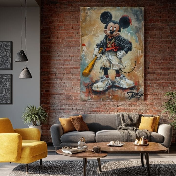 Ръчно рисувана картина на платно с мотив Street Mickey na платно в черно-бяло нюанси, дръзка атмосфера, поп култура и градски живот | Картина Street Mickey na платно – продукт