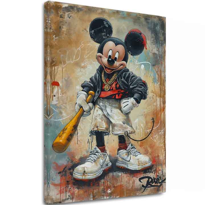 Ръчно рисувана картина на платно с мотив Street Mickey na платно в черно-бяло нюанси, дръзка атмосфера, поп култура и градски живот | Картина Street Mickey na платно – основна