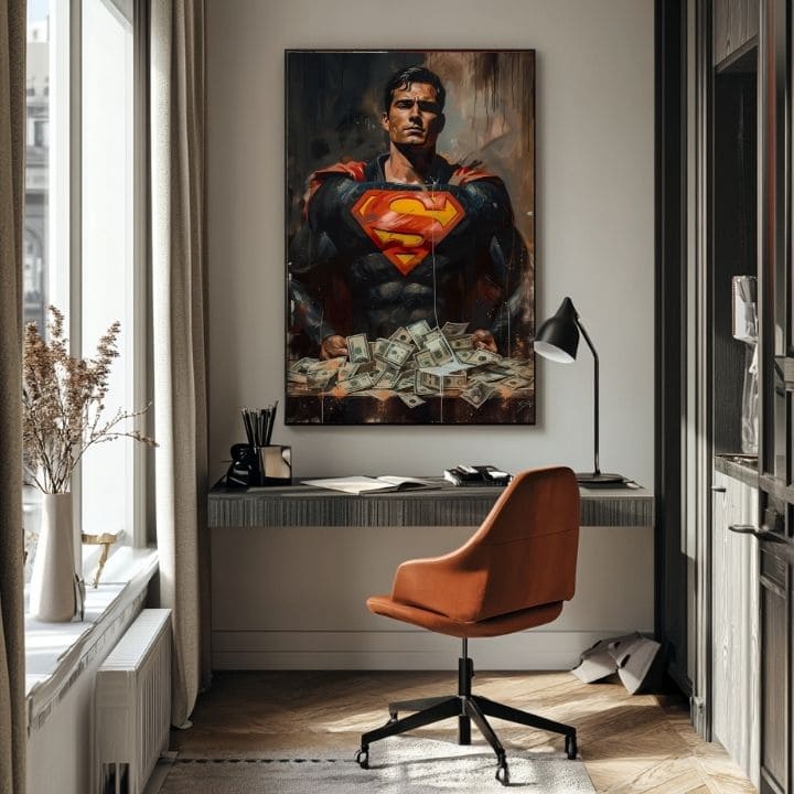 Ръчно рисувана картина на платно с мотив Superman: Muž peňazí в червено-жълто нюанси, сила и мощ | Картина Superman: Muž peňazí – продукт, изглед 2