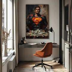 Ръчно рисувана картина на платно с мотив Superman: Muž peňazí в червено-жълто нюанси, сила и мощ | Картина Superman: Muž peňazí – продукт, изглед 2
