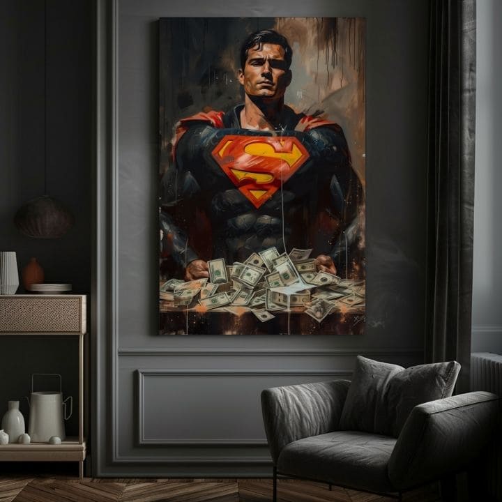 Ръчно рисувана картина на платно с мотив Superman: Muž peňazí в червено-жълто нюанси, сила и мощ | Картина Superman: Muž peňazí – продукт, изглед 3