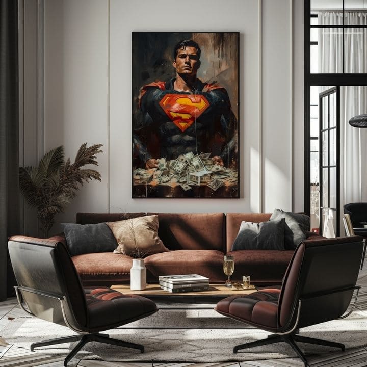Ръчно рисувана картина на платно с мотив Superman: Muž peňazí в червено-жълто нюанси, сила и мощ | Картина Superman: Muž peňazí – продукт, изглед 4