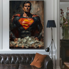 Ръчно рисувана картина на платно с мотив Superman: Muž peňazí в червено-жълто нюанси, сила и мощ | Картина Superman: Muž peňazí – продукт