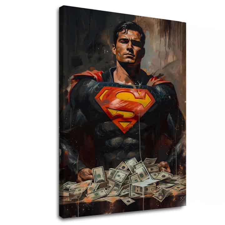 Ръчно рисувана картина на платно с мотив Superman: Muž peňazí в червено-жълто нюанси, сила и мощ | Картина Superman: Muž peňazí – основна
