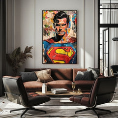Ръчно рисувана картина на платно с мотив Superman: Pop ikona в синьо-жълто нюанси, поп култура и градски живот | Картина Superman: Pop ikona – продукт, изглед 2