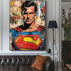 Ръчно рисувана картина на платно с мотив Superman: Pop ikona в синьо-жълто нюанси, поп култура и градски живот | Картина Superman: Pop ikona – продукт, изглед 3