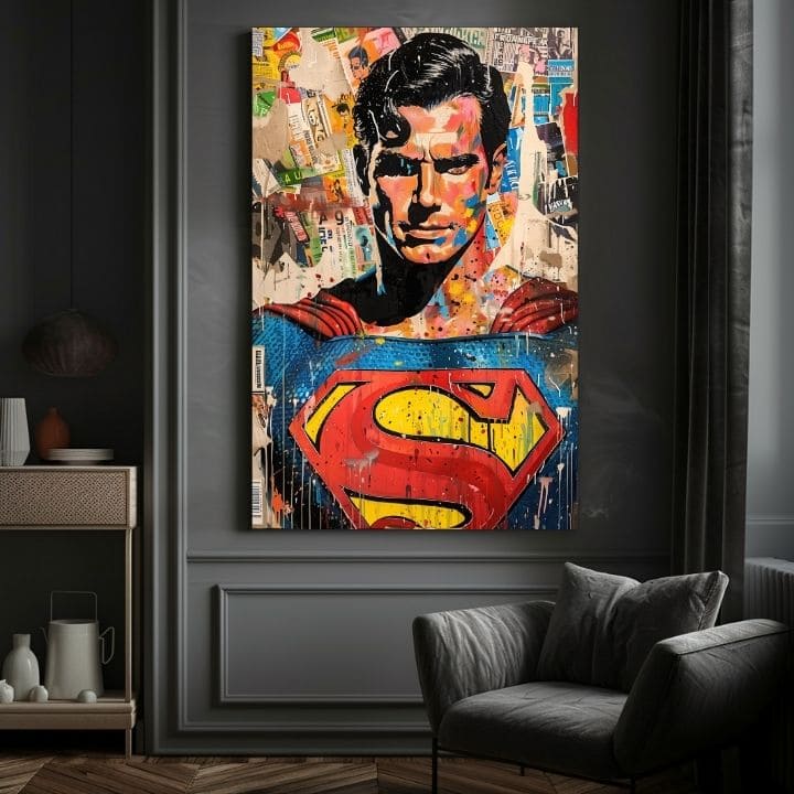 Ръчно рисувана картина на платно с мотив Superman: Pop ikona в синьо-жълто нюанси, поп култура и градски живот | Картина Superman: Pop ikona – продукт, изглед 4