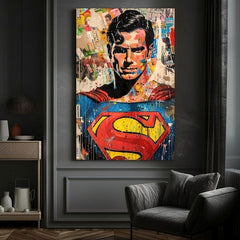 Ръчно рисувана картина на платно с мотив Superman: Pop ikona в синьо-жълто нюанси, поп култура и градски живот | Картина Superman: Pop ikona – продукт, изглед 4