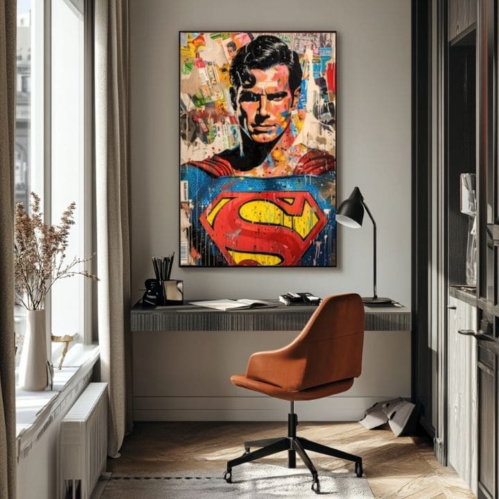 Ръчно рисувана картина на платно с мотив Superman: Pop ikona в синьо-жълто нюанси, поп култура и градски живот | Картина Superman: Pop ikona – продукт