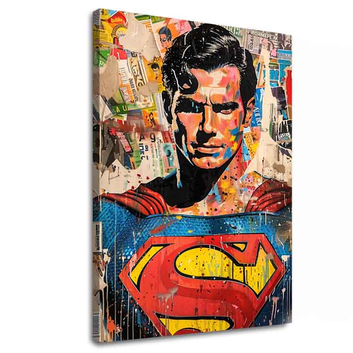 Ръчно рисувана картина на платно с мотив Superman: Pop ikona в синьо-жълто нюанси, поп култура и градски живот | Картина Superman: Pop ikona – основна