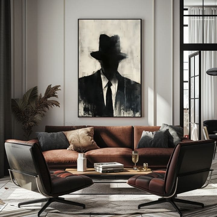 Ръчно рисувана картина на платно с мотив The Faceless Mobster в черно-бяло нюанси, мистериозна атмосфера, тайна и градски живот | Картина The Faceless Mobster – продукт, изглед 2