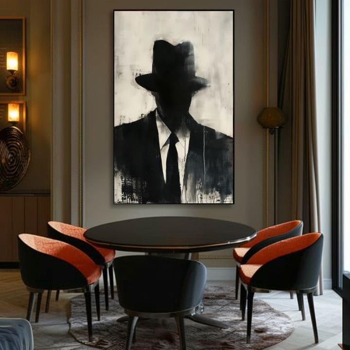 Ръчно рисувана картина на платно с мотив The Faceless Mobster в черно-бяло нюанси, мистериозна атмосфера, тайна и градски живот | Картина The Faceless Mobster – продукт, изглед 3
