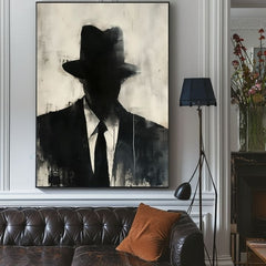Ръчно рисувана картина на платно с мотив The Faceless Mobster в черно-бяло нюанси, мистериозна атмосфера, тайна и градски живот | Картина The Faceless Mobster – продукт