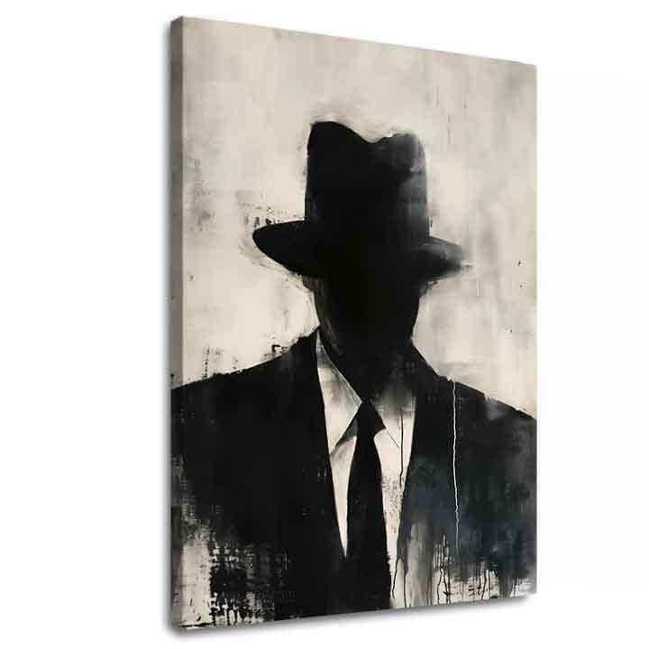 Ръчно рисувана картина на платно с мотив The Faceless Mobster в черно-бяло нюанси, мистериозна атмосфера, тайна и градски живот | Картина The Faceless Mobster – основна