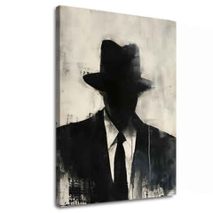 Ръчно рисувана картина на платно с мотив The Faceless Mobster в черно-бяло нюанси, мистериозна атмосфера, тайна и градски живот | Картина The Faceless Mobster – основна