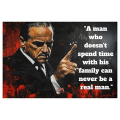Поп арт картина на платно с мотив The Godfather na платно, мъж в костюм в черно-червено нюанси, интензивна атмосфера, семейство и сила и мощ – основна
