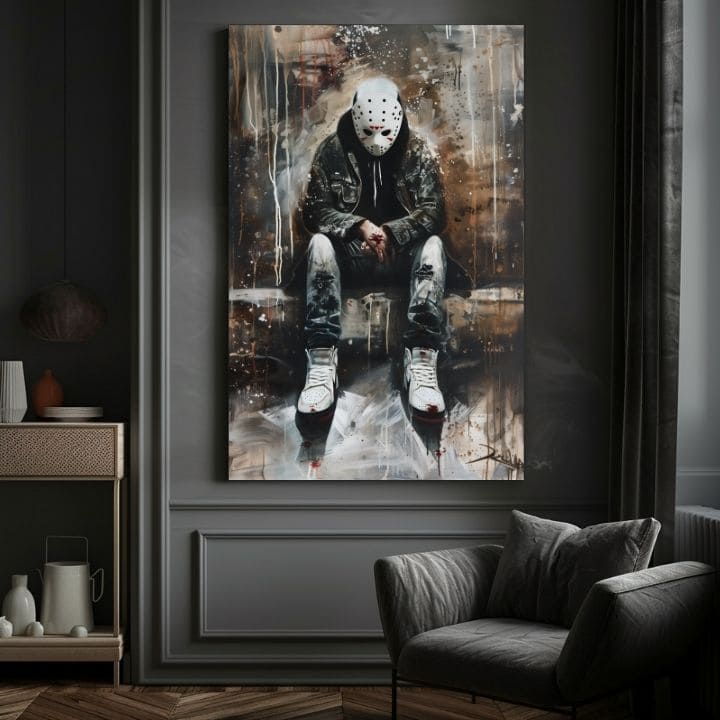 Ръчно рисувана картина на платно с мотив The Silent Killer в черно-бяло нюанси, градски живот | Картина The Silent Killer – продукт, изглед 4