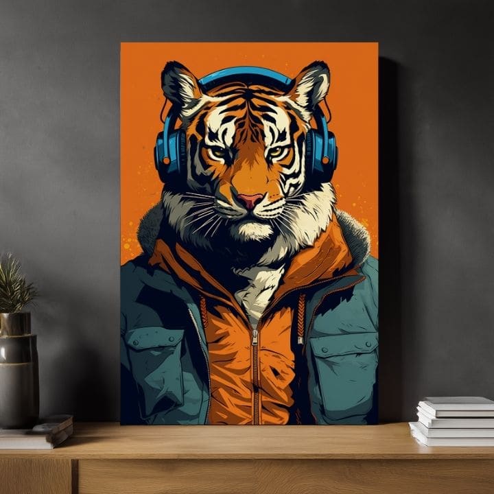 Модерна картина на платно с мотив Tiger Vibes, тигър, слушалки, сако в оранжево-синьо нюанси, природа | Картина Tiger Vibes – продукт