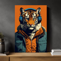 Модерна картина на платно с мотив Tiger Vibes, тигър, слушалки, сако в оранжево-синьо нюанси, природа | Картина Tiger Vibes – продукт