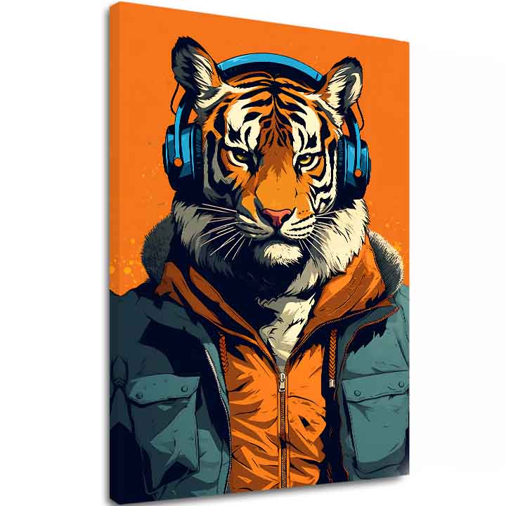 Модерна картина на платно с мотив Tiger Vibes, тигър, слушалки, сако в оранжево-синьо нюанси, природа | Картина Tiger Vibes – основна