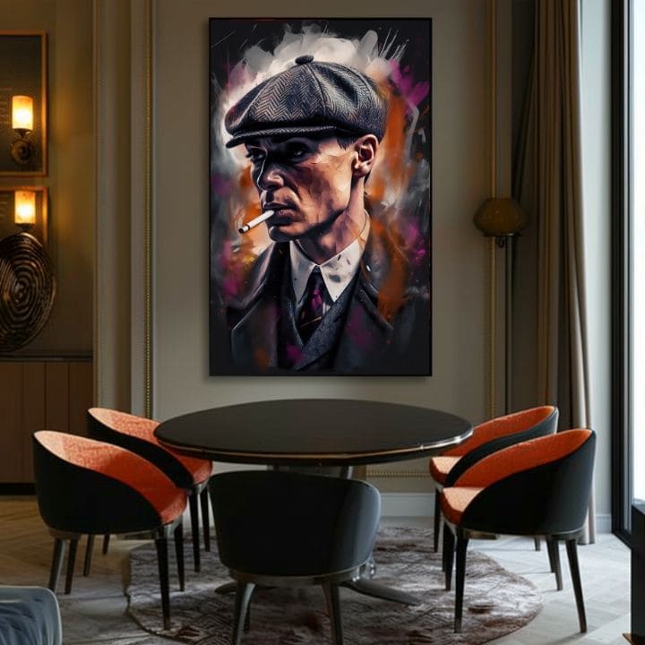 Ръчно рисувана картина на платно с мотив Tommy Shelby: Крал ulíc, пура в сиво-черно нюанси | Картина Tommy Shelby: Крал ulíc – продукт, изглед 2