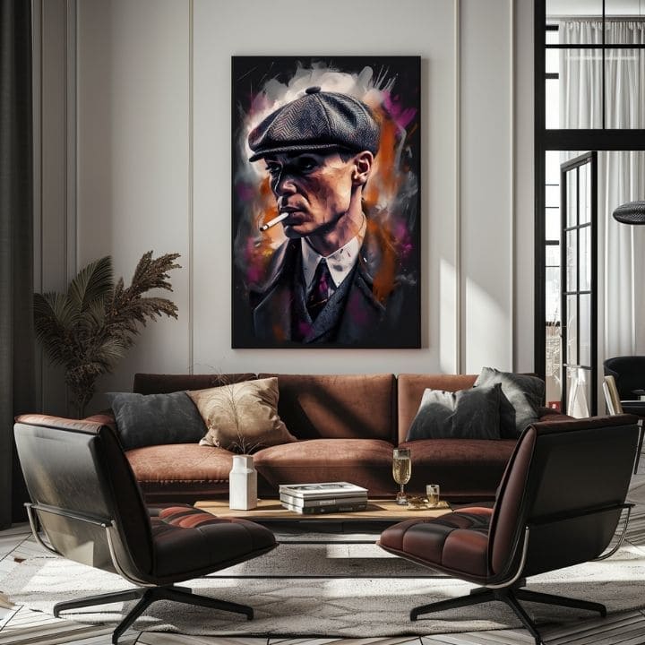 Ръчно рисувана картина на платно с мотив Tommy Shelby: Крал ulíc, пура в сиво-черно нюанси | Картина Tommy Shelby: Крал ulíc – продукт, изглед 3