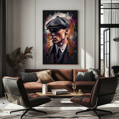 Ръчно рисувана картина на платно с мотив Tommy Shelby: Крал ulíc, пура в сиво-черно нюанси | Картина Tommy Shelby: Крал ulíc – продукт, изглед 3