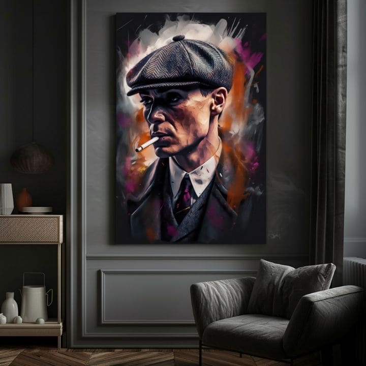 Ръчно рисувана картина на платно с мотив Tommy Shelby: Крал ulíc, пура в сиво-черно нюанси | Картина Tommy Shelby: Крал ulíc – продукт, изглед 4
