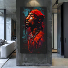Ръчно рисувана картина на платно с мотив Tupac Shakur - Ikona za mikrofónom в червено-черно нюанси, интензивна атмосфера | Картина Tupac Shakur - Ikona za mikrofónom – продукт, изглед 2