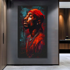 Ръчно рисувана картина на платно с мотив Tupac Shakur - Ikona za mikrofónom в червено-черно нюанси, интензивна атмосфера | Картина Tupac Shakur - Ikona za mikrofónom – продукт