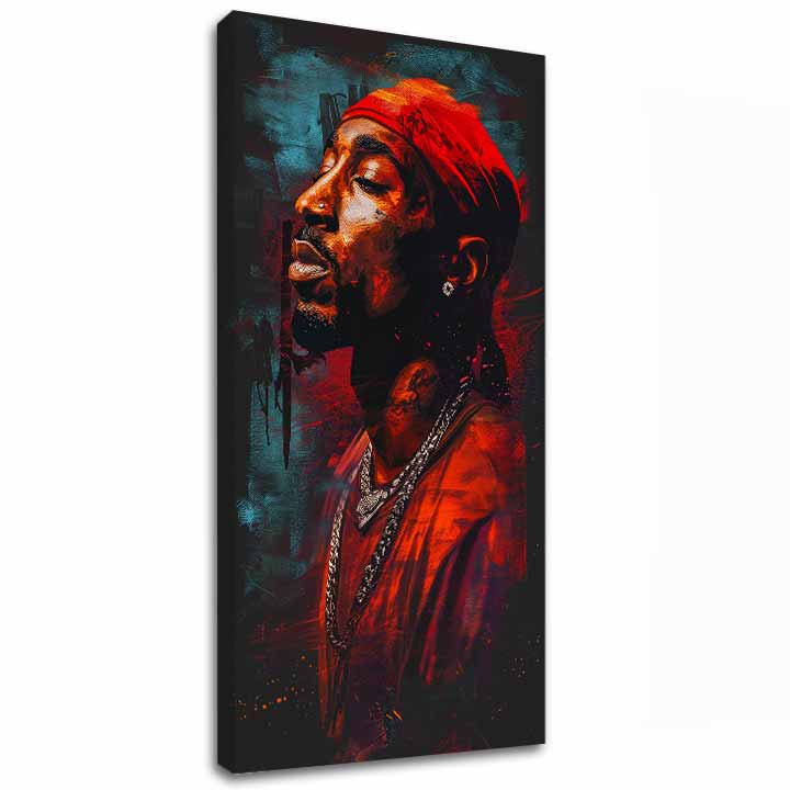 Ръчно рисувана картина на платно с мотив Tupac Shakur - Ikona za mikrofónom в червено-черно нюанси, интензивна атмосфера | Картина Tupac Shakur - Ikona za mikrofónom – основна