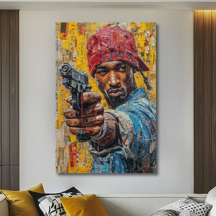 Ръчно рисувана картина на платно с мотив Tupac Shakur - Rapová gangster в жълто-червено нюанси, градски живот | Картина Tupac Shakur - Rapová gangster – продукт, изглед 2