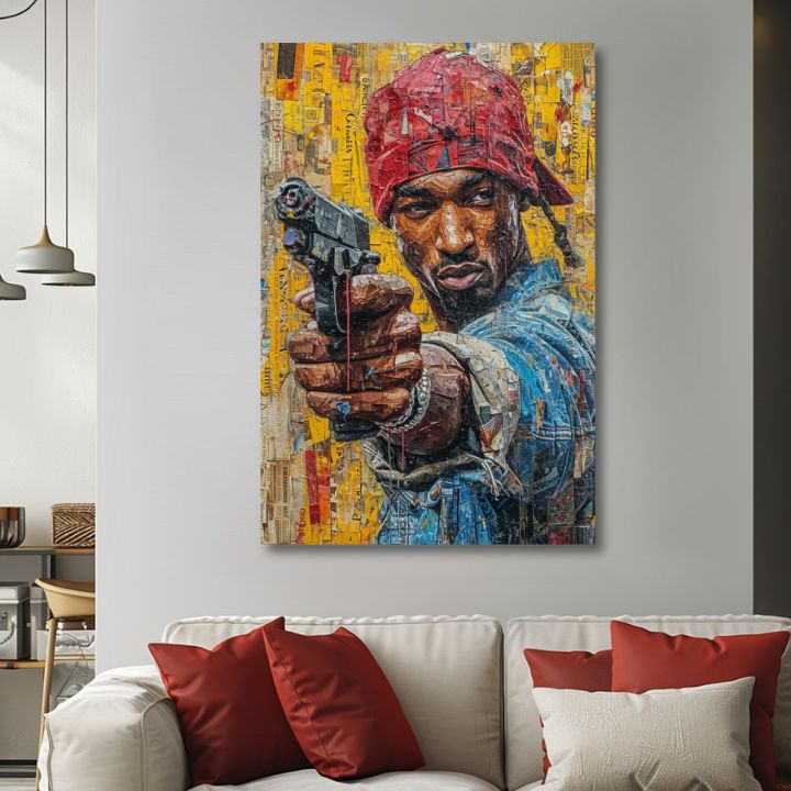Ръчно рисувана картина на платно с мотив Tupac Shakur - Rapová gangster в жълто-червено нюанси, градски живот | Картина Tupac Shakur - Rapová gangster – продукт