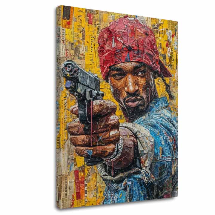 Ръчно рисувана картина на платно с мотив Tupac Shakur - Rapová gangster в жълто-червено нюанси, градски живот | Картина Tupac Shakur - Rapová gangster – основна
