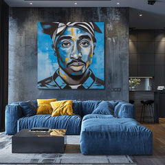 Ръчно рисувана картина на платно с мотив Tupac Shakur - Rapper v nebi в черно-бяло нюанси, интензивна атмосфера | Картина Tupac Shakur - Rapper v nebi – продукт
