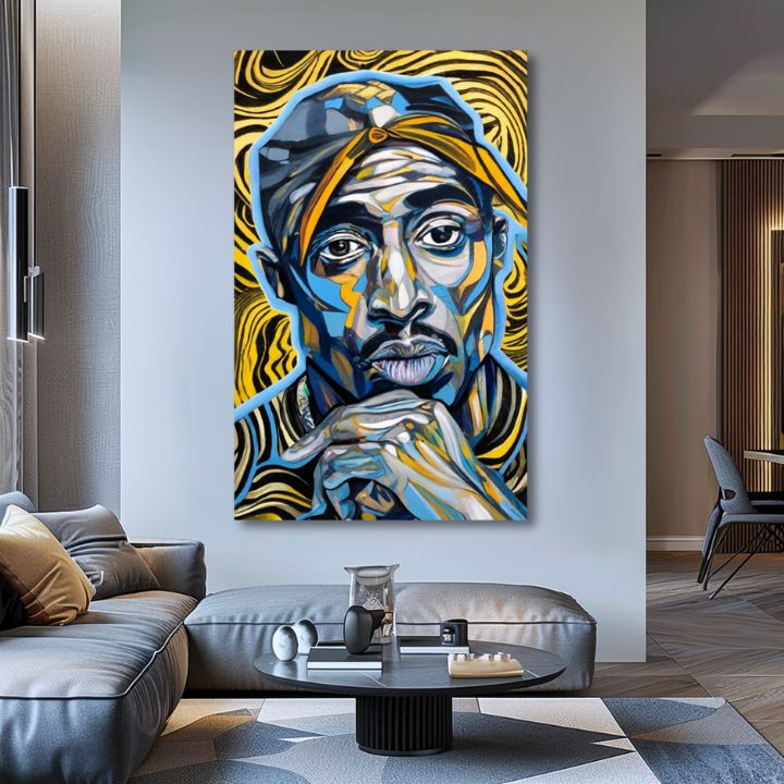 Ръчно рисувана картина на платно с мотив Tupac Shakur - Zlaté tóny rapu в златно-черно нюанси, интензивна атмосфера, слава | Картина Tupac Shakur - Zlaté tóny rapu – продукт