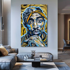Ръчно рисувана картина на платно с мотив Tupac Shakur - Zlaté tóny rapu в златно-черно нюанси, интензивна атмосфера, слава | Картина Tupac Shakur - Zlaté tóny rapu – продукт