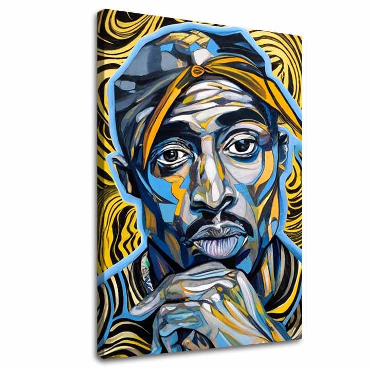 Ръчно рисувана картина на платно с мотив Tupac Shakur - Zlaté tóny rapu в златно-черно нюанси, интензивна атмосфера, слава | Картина Tupac Shakur - Zlaté tóny rapu – основна