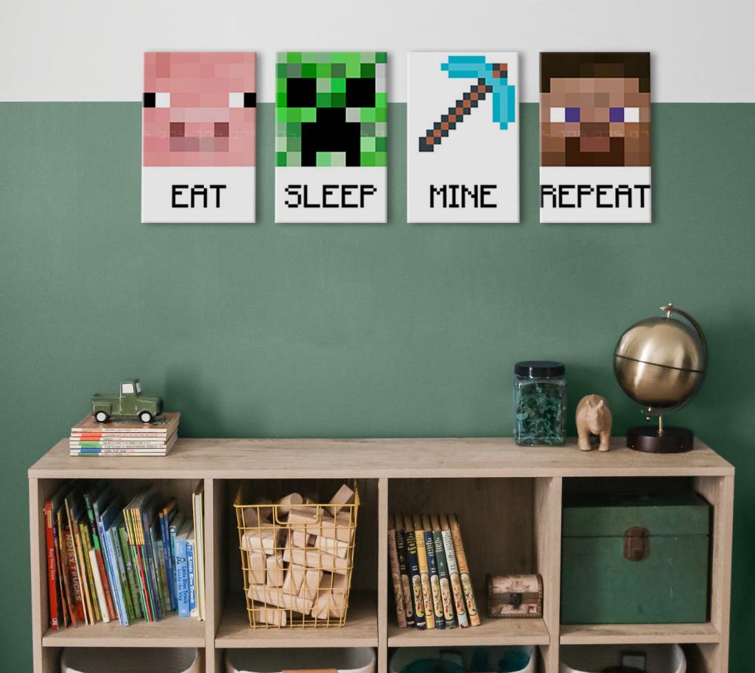 Модерна картина на платно в зелено-бяло нюанси, игрива атмосфера, детство | Minecraft картина - Najlepšie postavičky na платно - Eat, Sleep, Mine, Repeat – продукт, изглед 2